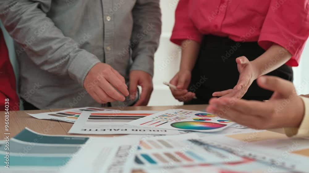 Aufkleber hand closeup of designer team brainstorming and choosing color for graphic design working or client 