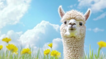 Fototapeta premium Alpaca in meadow under bright blue sky with scattered clouds