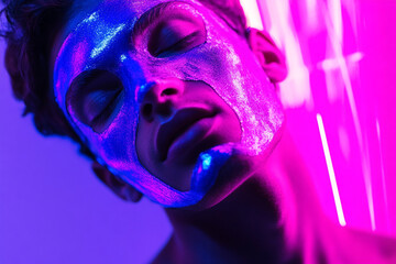 Modern Mens Neon Purple Face Mask with Solid Neon Coral Background Fashion Lifestyle Portrait with Bold and Trendsetting Appeal