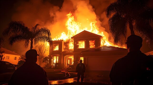 A house ablaze in a quiet neighborhood, fire lighting up the street, anxious neighbors watch, intense flames, focused on property and damage details