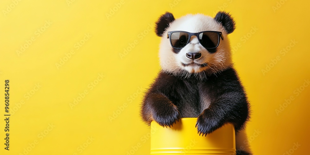 Canvas Prints summer minimal concept panda in sunglasses sitting on a yellow object