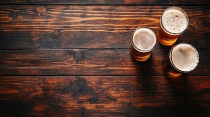 Three beer glasses with frothy tops on rustic wooden table