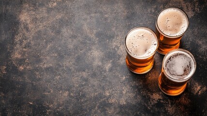 Three glasses of frothy beer on rustic tabletop