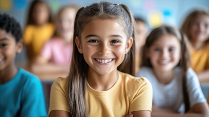 Fototapeta premium Smiling young girl in classroom, surrounded by diverse classmates, wearing yellow shirt