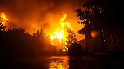 Fototapeta premium A house fire during a heavy rainstorm at night, with water and fire creating a dramatic scene
