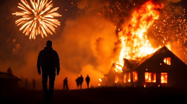 A house fire during a festival, with fireworks in the background contrasting the disaster