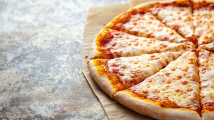 Delicious cheese pizza on parchment-lined surface Close-up view