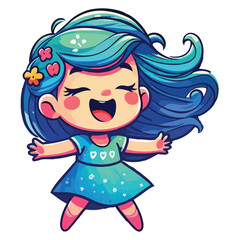 Joyful cute girl enjoying music. With vibrant colors and a sense of movement. Plain background.	