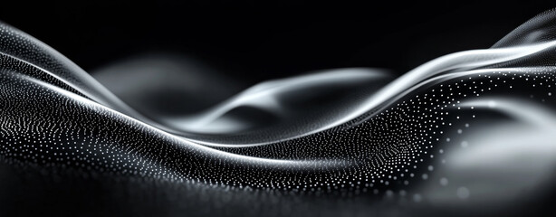 Naklejka premium Black background with metallic silver and white abstract futuristic waves, curves, dots, lines, and shapes