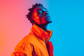 Fototapeta premium Fashion Portrait of Men in Bright Orange Jacket with Solid Neon Blue Background Trendsetting Lifestyle Look with Modern Appeal