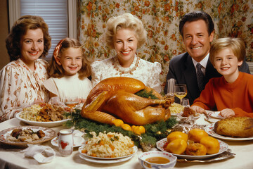 vintage picture of smiling retro family with juicy roasted turkey for thanksgiving day sitting at table with food and celebrating, pin up style, generative AI, generative