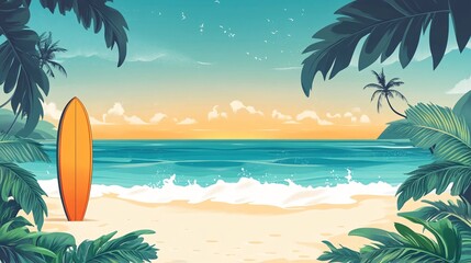 Surf's Up: Retro Beach Scene with Cartoon Surfboard Design in Bright Graphics and Cool Turquoise Tones