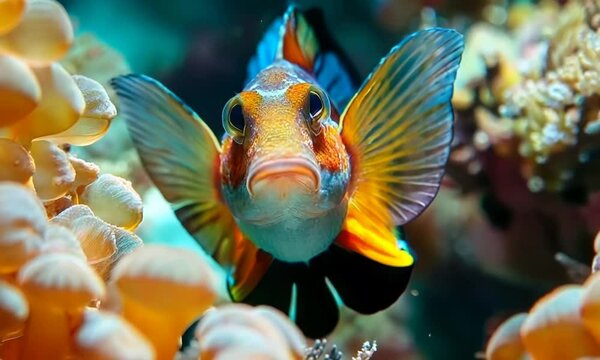 Colorful blenny fish peeking from coral, Video