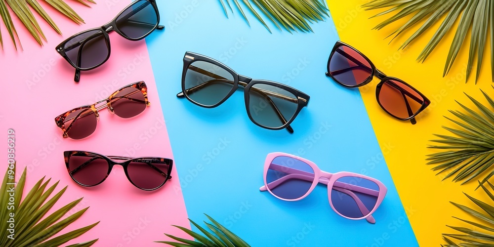 Wall mural Stylish summer fashion accessories photo poster with various sunglasses on colorful background 