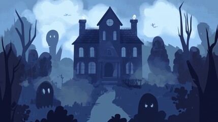 A spooky haunted house surrounded by fog and ghostly figures designed in a flat vector graphic style