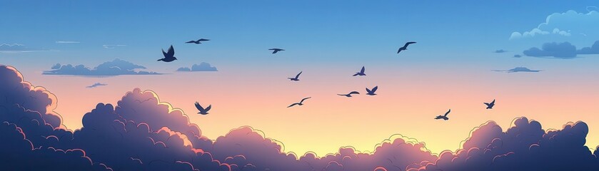 Obraz premium Migrating birds under a twilight autumn sky, dusky blue clouds, clean flat design, animation-inspired