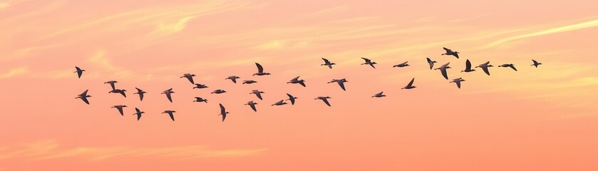 Obraz premium V-shaped flock of birds gliding through a peach-colored autumn sky, thin wisps of clouds, flat design, animated vibe