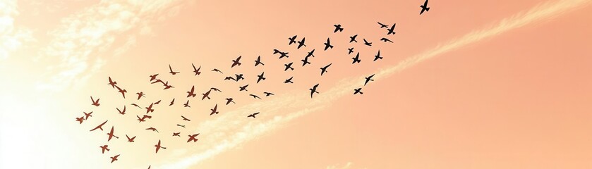 V-shaped flock of birds gliding through a peach-colored autumn sky, thin wisps of clouds, flat design, animated vibe