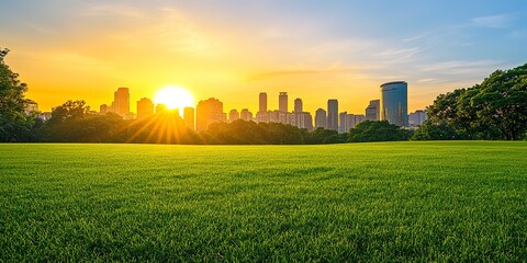 Lush green field with a city skyline in the background, illuminated by sunrise. Rural meets urban in this vibrant landscape snapshot.