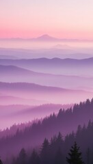 Fototapeta premium Layers of purple mountains & fog at sunrise, phone background wallpaper, ai generated