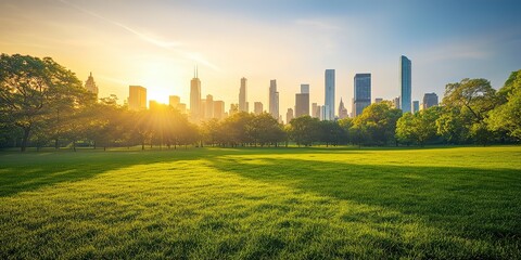 Lush green field with a city skyline in the background, illuminated by sunrise. Rural meets urban in this vibrant landscape snapshot. 