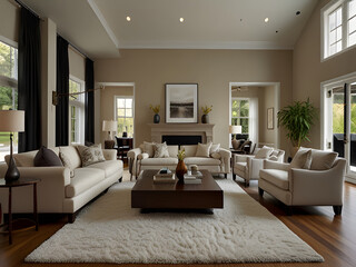 Fototapeta premium Spacious Living Room with Hardwood Floors, Fluffy Rug, and Designer Furniture