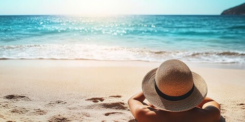 A person relaxing on a sandy beach wearing a hat and sunglasses, perfect for summer vacation photos or travel stock images 