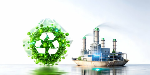 3D Glossy Factory and Recycling Symbol with Holographic Waste Management Data for Sustainability Goals Concept