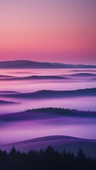 Fototapeta premium Misty purple hills with a pink sky at dawn, phone background wallpaper, ai generated