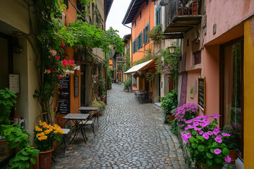 Fototapeta premium a small Italian street between colorful Italian houses and atmospheric European cafes, generative AI