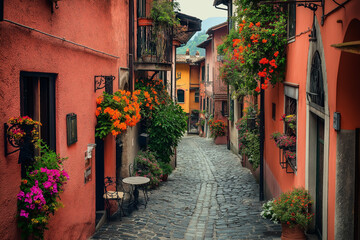 a small Italian street between colorful Italian houses and atmospheric European cafes, generative AI