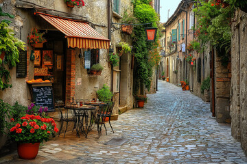 a small Italian street between colorful Italian houses and atmospheric European cafes, generative AI