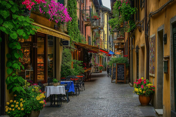 Naklejka premium a small Italian street between colorful Italian houses and atmospheric European cafes, generative AI