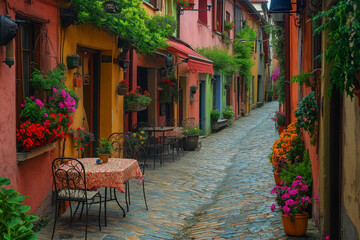 a small Italian street between colorful Italian houses and atmospheric European cafes, generative AI