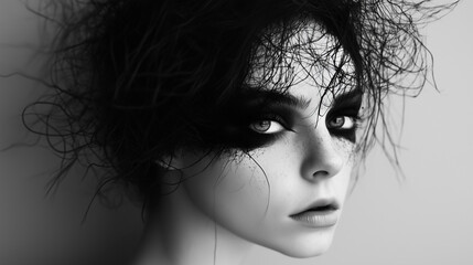 Obraz premium Monochromatyczny portret w czerni i bieli, który wprowadza elementy surrealizmu do przedstawienia ludzkiej postaci. 