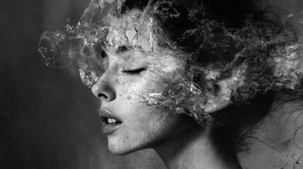 Monochromatyczny portret w czerni i bieli, który wprowadza elementy surrealizmu do przedstawienia ludzkiej postaci. 