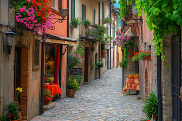 a small Italian street between colorful Italian houses and atmospheric European cafes, generative AI