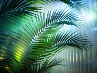 Green palm with reeded glass. Ribbed Background. Cosmetic template on beautiful magazine decor. Refreshing gradient background with stylish transparent elements. White Reeded Glass. Plant leaves.
