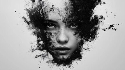 Monochromatyczny portret w czerni i bieli, który wprowadza elementy surrealizmu do przedstawienia ludzkiej postaci. 