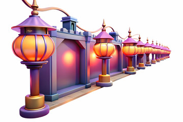 3D Glossy Lantern Festival Street Background - Vibrant and Festive Atmosphere with Glowing Lanterns Hanging Above in Dusk Setting, Wide Shot View