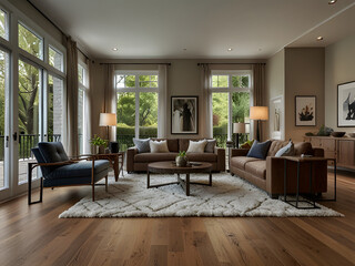 Fototapeta premium Spacious Living Room with Hardwood Floors, Fluffy Rug, and Designer Furniture