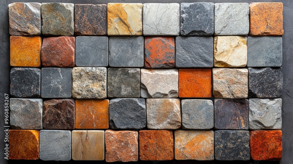 Poster a close-up view of a mosaic made of various natural stones arranged in a square pattern.