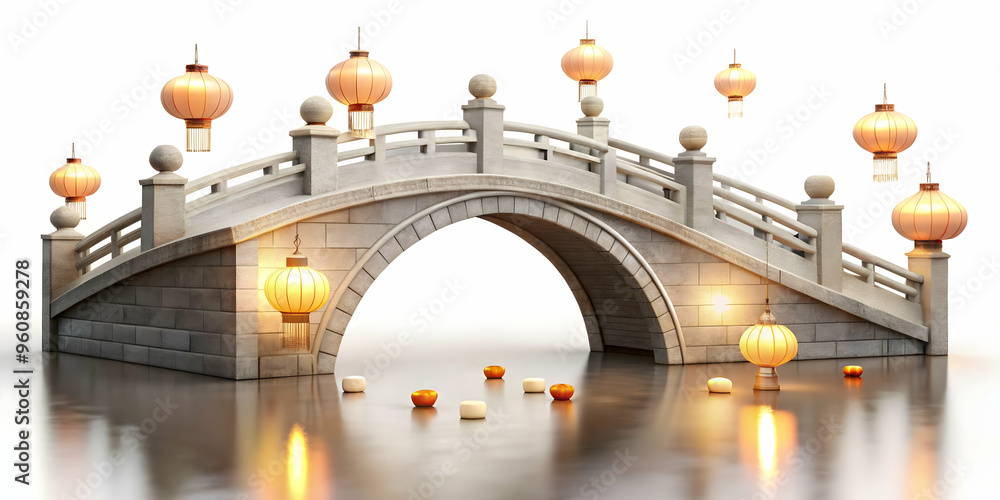 Poster 3d glossy stone bridge with lanterns for mid autumn festival concept - serene and timeless scene cap