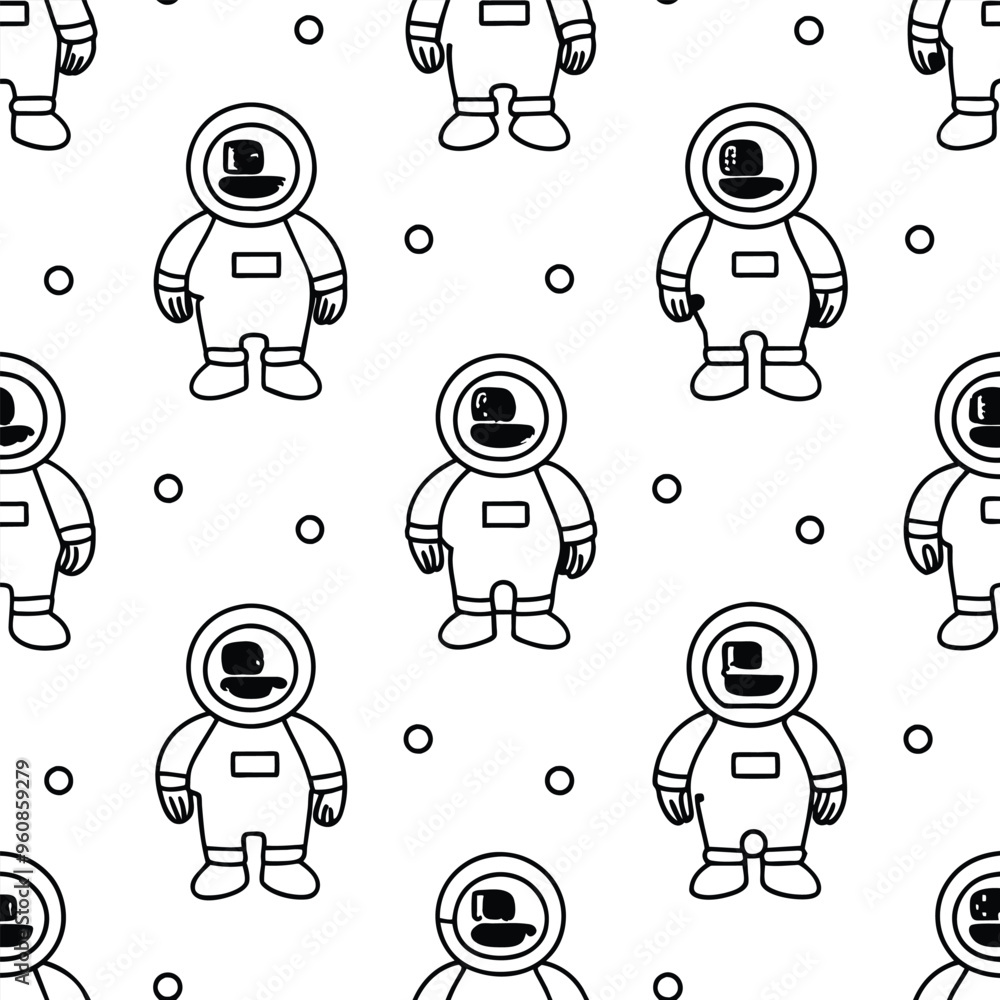 Poster the artwork showcases a seamless design with black line drawings of astronauts set against a white b