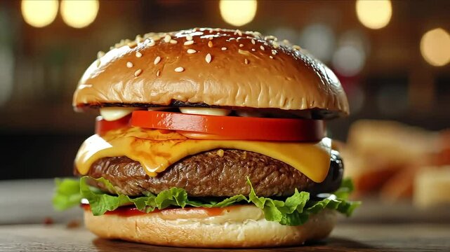 A juicy cheeseburger with melted cheese, lettuce, tomato, and a sesame seed bun.