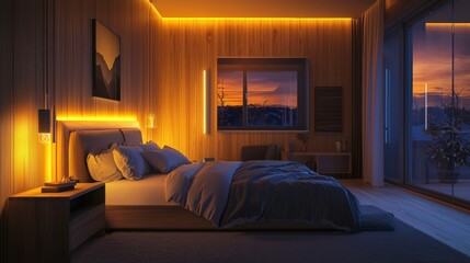 Bedroom with smart thermostat and energy-saving lighting, focusing on comfort and sustainability
