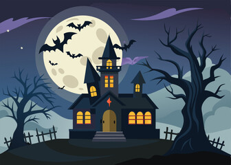 a halloween haunted house with a full moon and bats