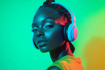 Fashion Portrait of Woman in Neon Teal Headphones with Solid Neon Green Background Trendsetting Lifestyle Look with Vibrant Colors