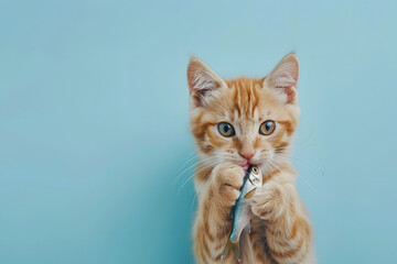 Obraz premium Funny cute cat holding fish for eat on color background.