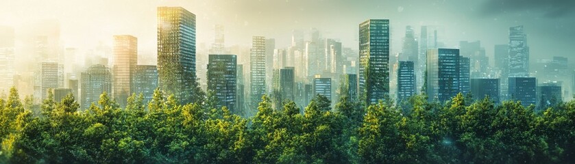 A vibrant city skyline surrounded by lush greenery, showcasing the harmony between urban development and nature.